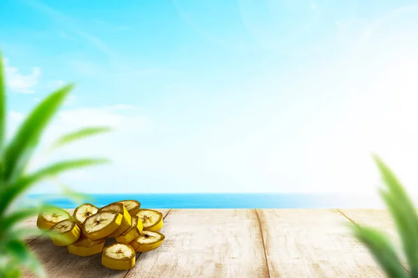Slice Banana Wooden Table Ocean View Blue Sky Background — Foto de Stock