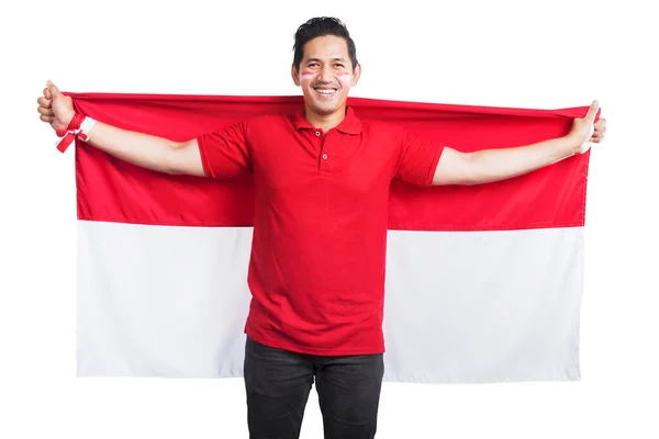 Indonesian Men Celebrate Indonesian Independence Day August Holding Indonesian Flag — Stockfoto