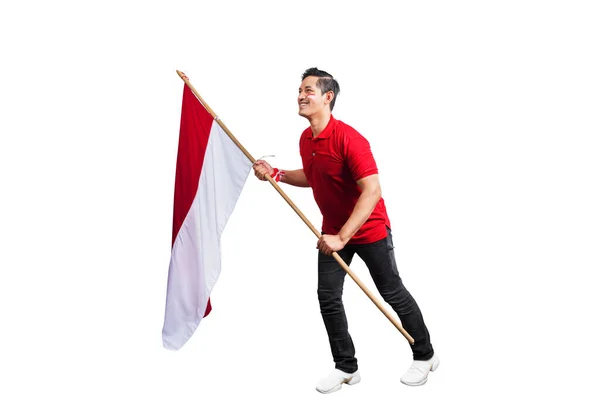 Indonesian Men Celebrate Indonesian Independence Day August Holding Indonesian Flag —  Fotos de Stock