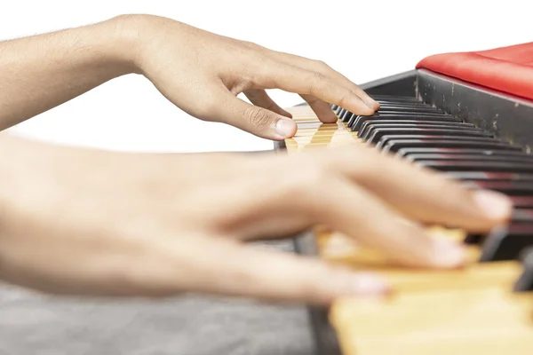Closeup View Human Hand Playing Electronic Piano Keyboard Isolated White — Foto de Stock