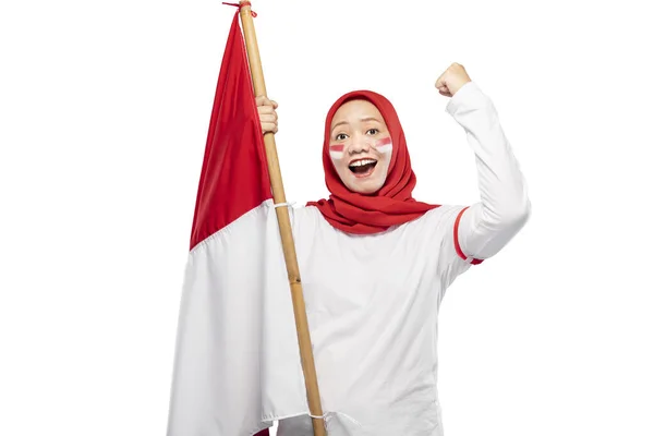 Indonesian Women Celebrate Indonesian Independence Day August Holding Indonesian Flag — 스톡 사진