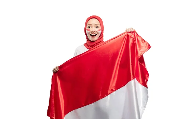 Indonesian Women Celebrate Indonesian Independence Day August Holding Indonesian Flag — 스톡 사진