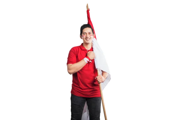 Indonesische Mannen Vieren Indonesische Onafhankelijkheidsdag Augustus Door Indonesische Vlag Geïsoleerd — Stockfoto