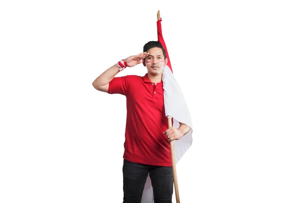 Indonesian Men Celebrate Indonesian Independence Day August Holding Indonesian Flag — Stok fotoğraf