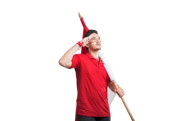 Indonesian Men Celebrate Indonesian Independence Day August Holding Indonesian Flag — Stockfoto