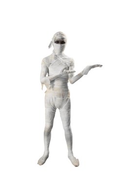 Mummy standing and showing something isolated over white background