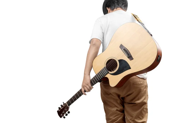 Rear View Man Carrying Guitar Isolated White Background — Zdjęcie stockowe