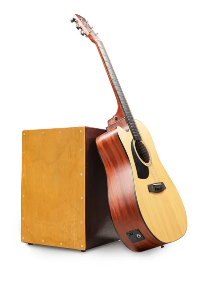 Wooden Cajon Guitar Isolated White Background — 图库照片