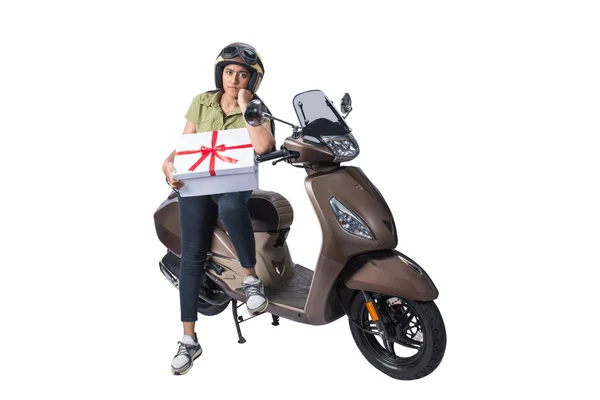 Asian Woman Helmet Sitting Scooter Carrying Gift Box Isolated White — Stockfoto