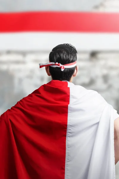 Погляд Індонезійських Чоловіків День Незалежності Серпня Носив Індонезійський Прапор День — стокове фото