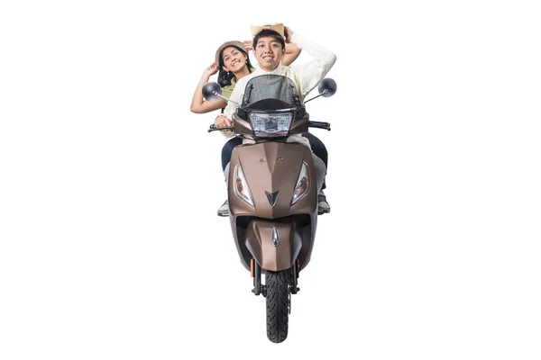 Casal Asiático Com Chapéu Sentado Uma Scooter Isolado Sobre Fundo — Fotografia de Stock