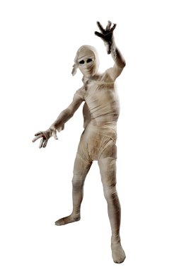 Mummy with skull head standing with claw hands isolated over white background