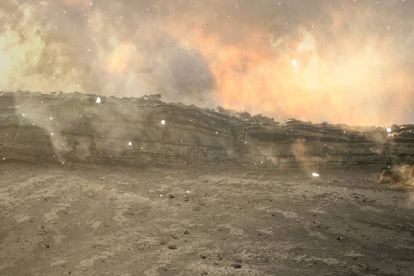 Fires with sparks and hot smoke on the field