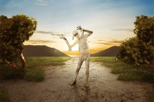 Mummy Walking Claw Hands Field Halloween Concept — Fotografia de Stock