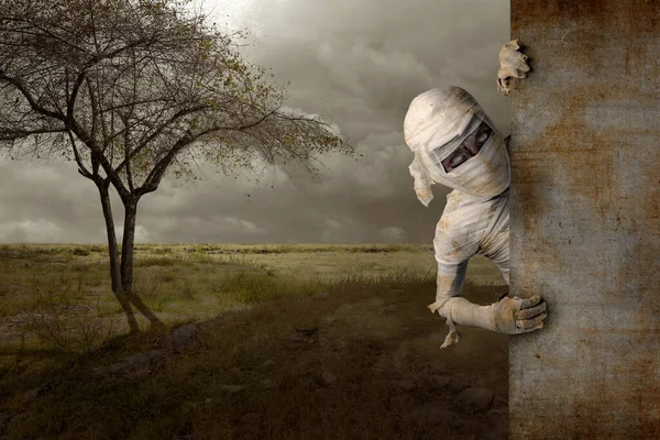 Mummy Comes Wall Field Halloween Concept — Zdjęcie stockowe