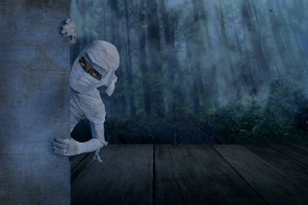 Mummy Comes Wall Haunted Forest Background Halloween Concept — 图库照片