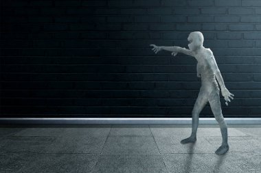 Mummy walking with claw hands haunted the building. Halloween concept