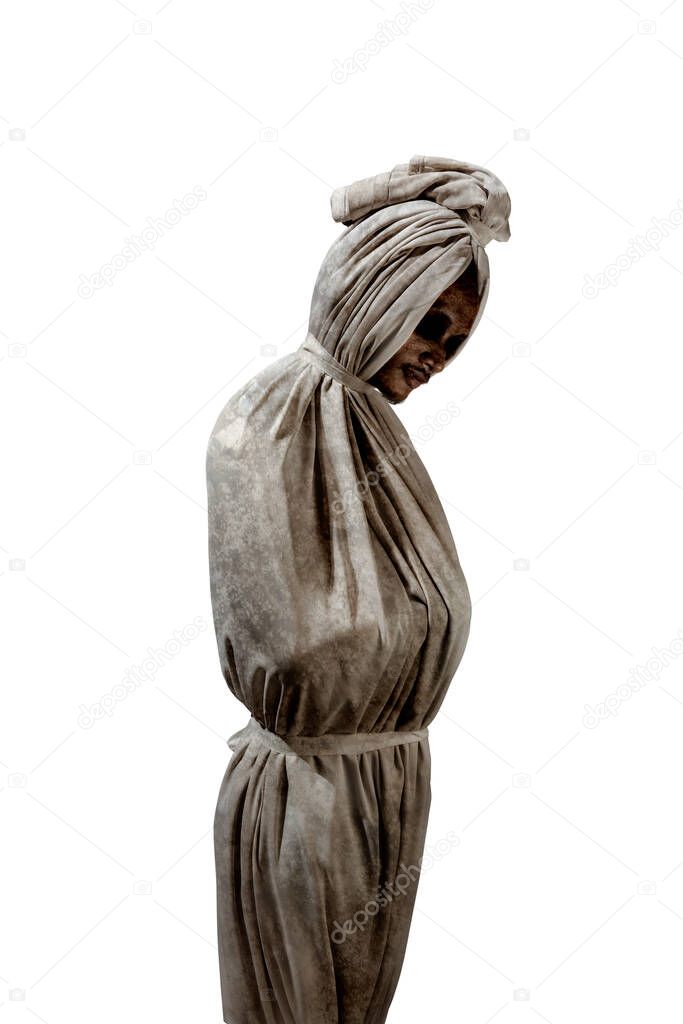 Indonesian ghost called pocong, covered with a linen shroud, isolated over white background