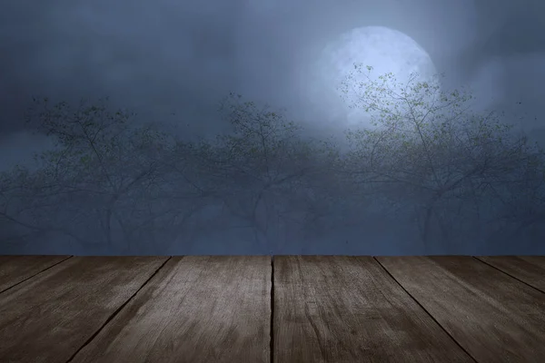 Деревянный Стол Видом Деревья Ночным Фоном — стоковое фото
