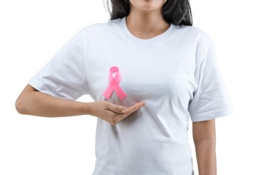 A woman in a white shirt shows a pink awareness ribbon isolated over white background. Breast cancer awareness