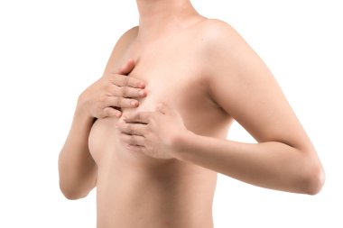 The woman holding her breast is isolated over white background. Breast cancer awareness