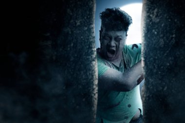 Scary zombie with blood and wound on his body standing with full moon background