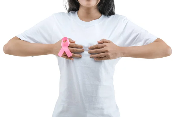 Woman White Shirt Shows Pink Awareness Ribbon Isolated White Background —  Fotos de Stock