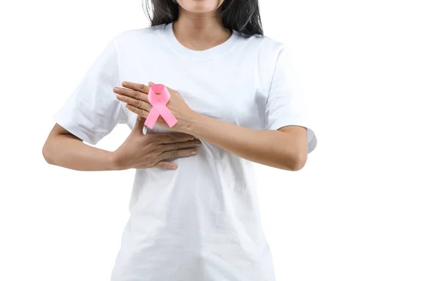Woman White Shirt Shows Pink Awareness Ribbon Isolated White Background — Stok fotoğraf