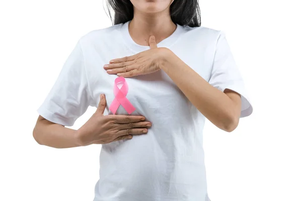 Woman White Shirt Shows Pink Awareness Ribbon Isolated White Background —  Fotos de Stock