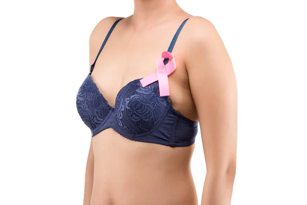 Woman Blue Bra Shows Pink Awareness Ribbon Isolated White Background — Zdjęcie stockowe