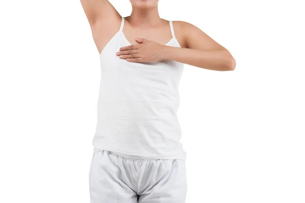 Woman White Shirt Holding Her Breast Isolated White Background Breast — стоковое фото