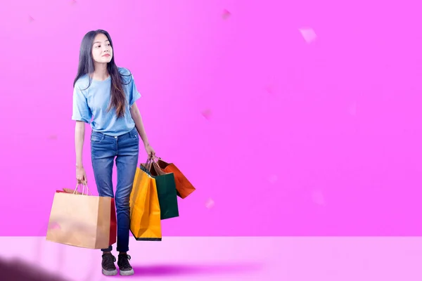 Asian Woman Carrying Shopping Bag Colored Background Cyber Monday Concept — Photo