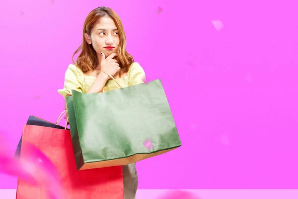 Asian Woman Carrying Shopping Bag Colored Background Cyber Monday Concept — Stock Fotó