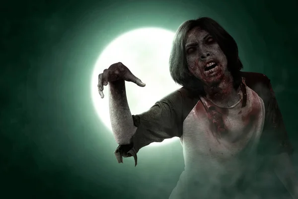 Scary Zombie Blood Wound His Body Standing Full Moon Background — 图库照片