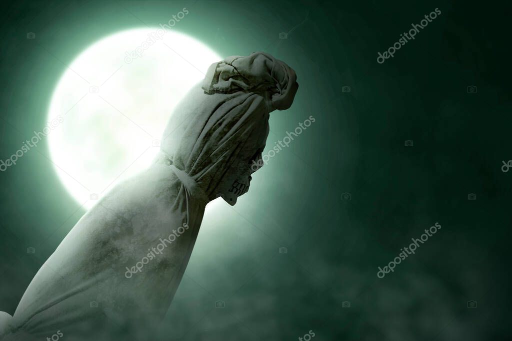 Pocong is covered with a white linen shroud standing with full moon background. Halloween concept