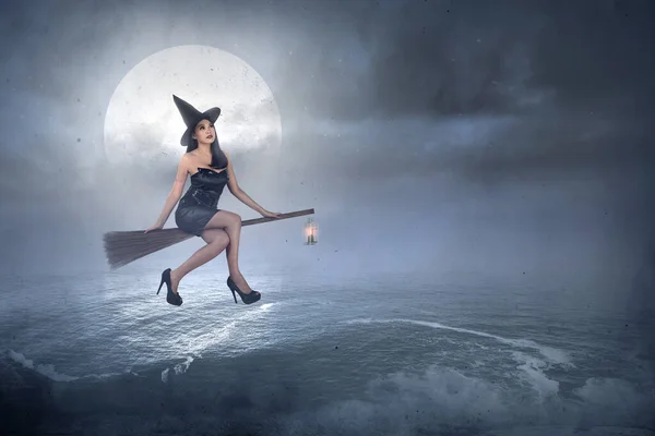 Asian Witch Woman Hat Flying Magic Broomstick Lantern Full Moon — Stock Photo, Image