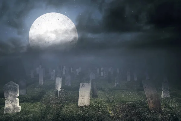 Pietre Tombali Sul Cimitero Con Sfondo Luna Piena Concetto Halloween — Foto Stock