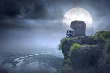 Mezarlıkta insan kafatası ve gece manzarası var.