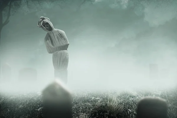 Pocong Bedekt Met Een Witte Linnen Lijkwade Begraafplaats Halloween Concept — Stockfoto
