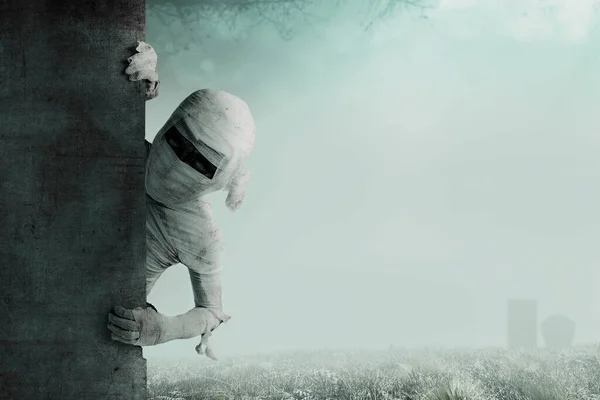 Mummy Comes Wall Foggy Background Halloween Concept —  Fotos de Stock