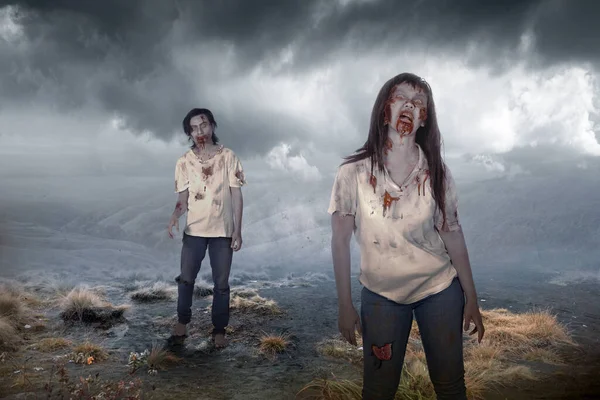Skrämmande Zombie Med Blod Och Sår Kroppen Går Fältet — Stockfoto