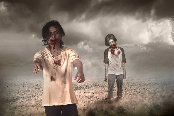 Enge Zombie Met Bloed Wond Zijn Lichaam Lopend Het Veld — Stockfoto