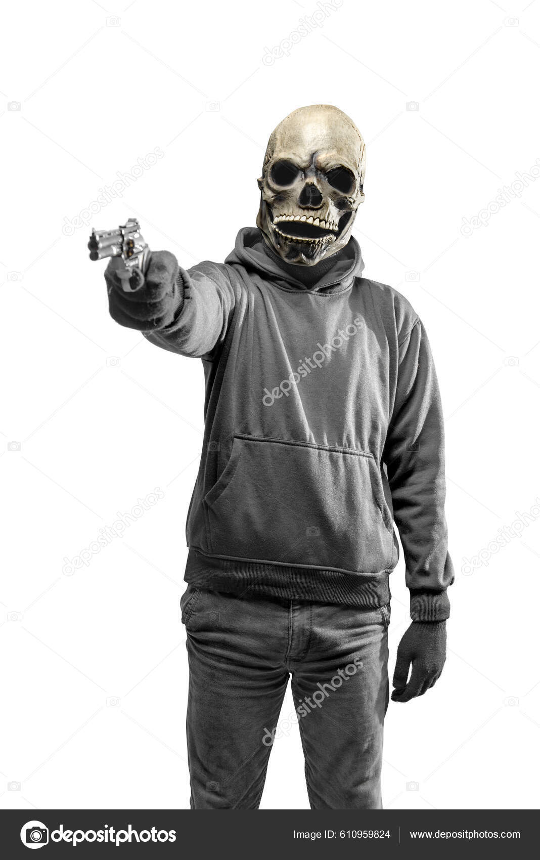 Hombre Con Disfraz Cabeza Cráneo Para Halloween Sosteniendo Pistola  Aislada: fotografía de stock © leolintang #610959824