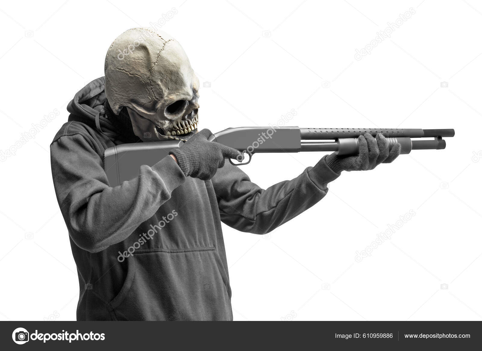 Hombre Con Disfraz Cabeza Cráneo Para Halloween Sosteniendo Pistola  Aislada: fotografía de stock © leolintang #610959886