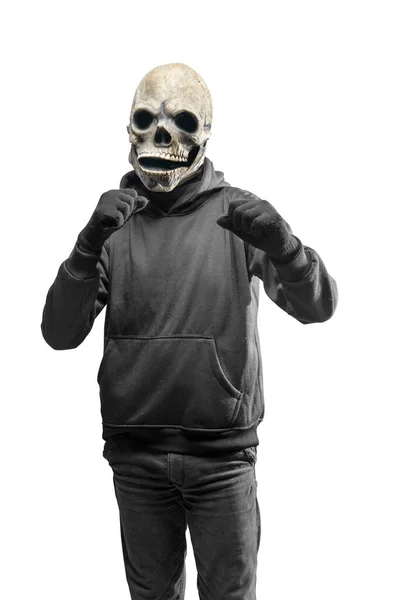 Hombre Con Disfraz Cabeza Cráneo Para Halloween Aislado Sobre Fondo —  Fotos de Stock