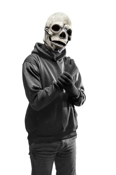 Man Skull Head Costume Halloween Isolated White Background — Stock Photo, Image