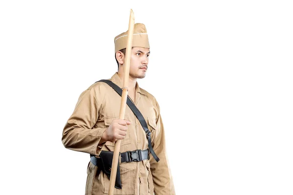 Indonesian Warrior Standing While Holding Sharpened Bamboo Stick Isolated White — Stock Photo, Image