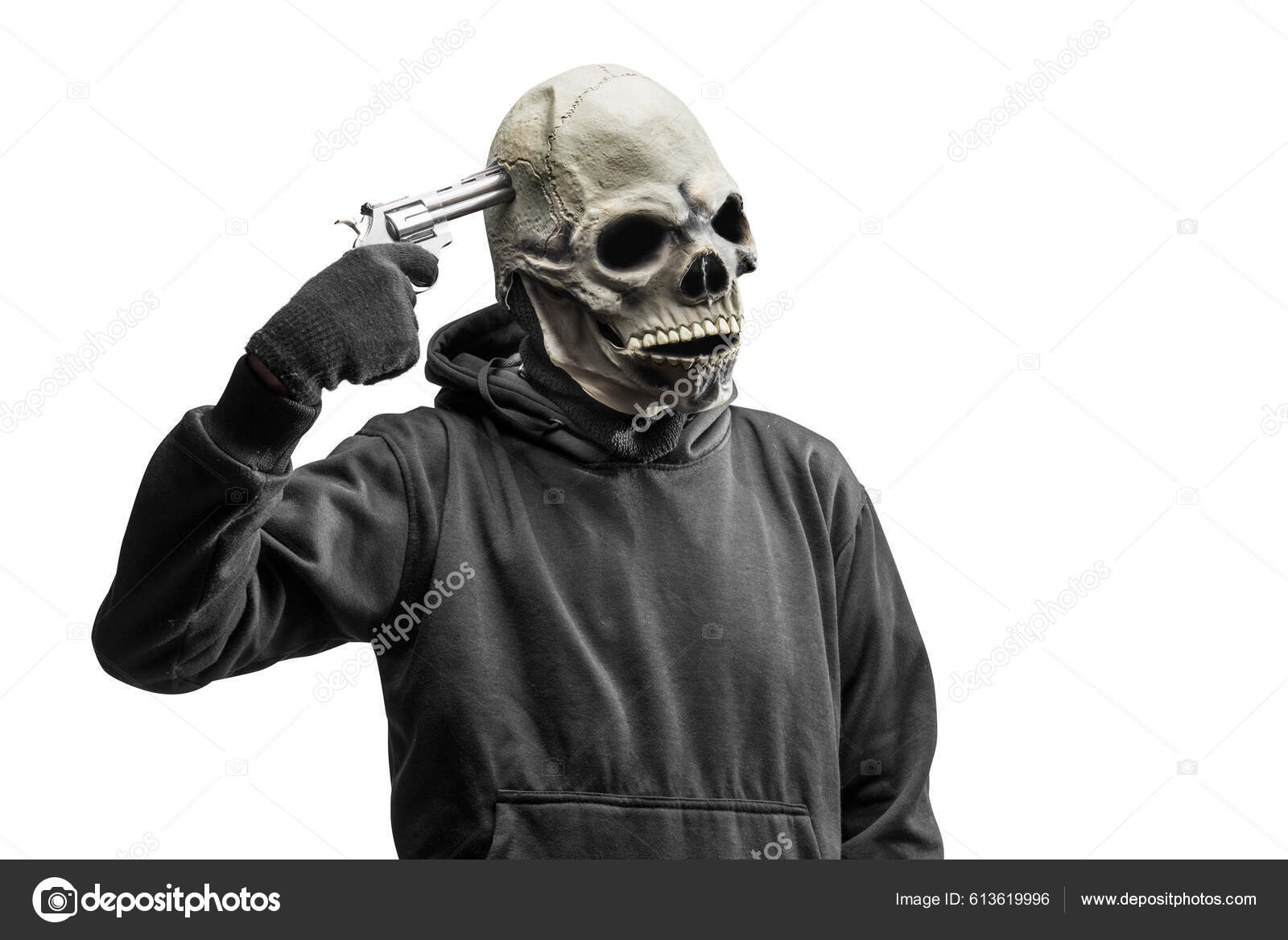 Hombre Con Disfraz Cabeza Cráneo Para Halloween Sosteniendo Pistola  Aislada: fotografía de stock © leolintang #613619996