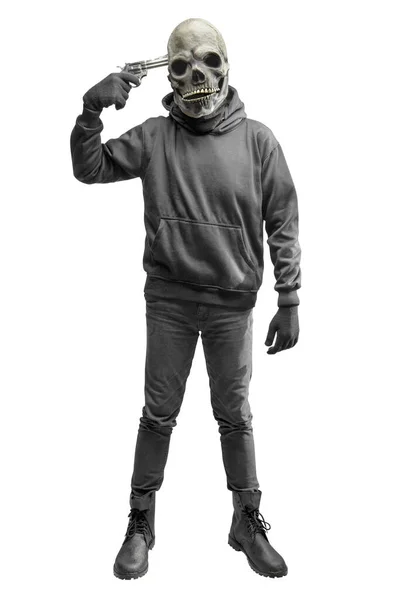 Man Skull Head Costume Halloween Holding Gun Isolated White Background — Stock Photo, Image