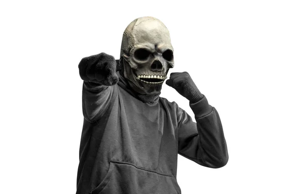 Man Skull Head Costume Halloween Isolated White Background — Stock Photo, Image